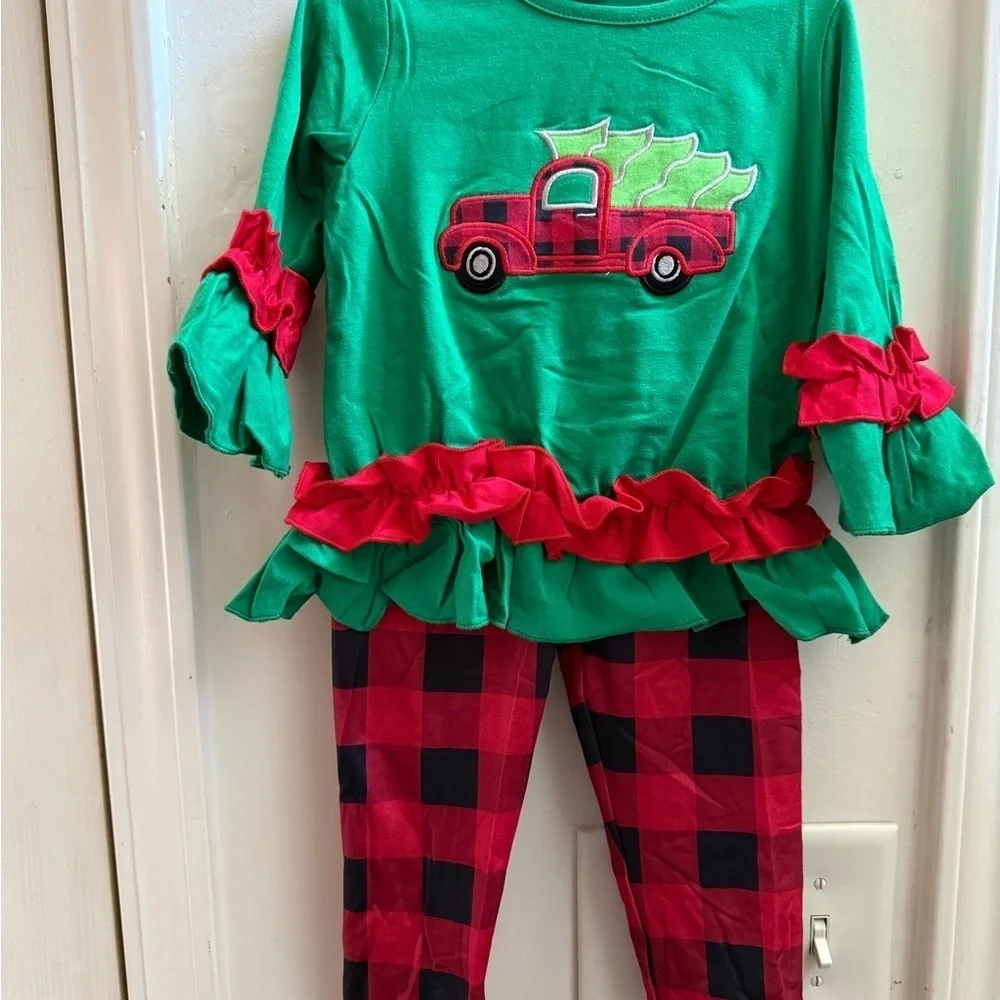 New Christmas Tree Truck Ruffled Tunic & Leggings Set